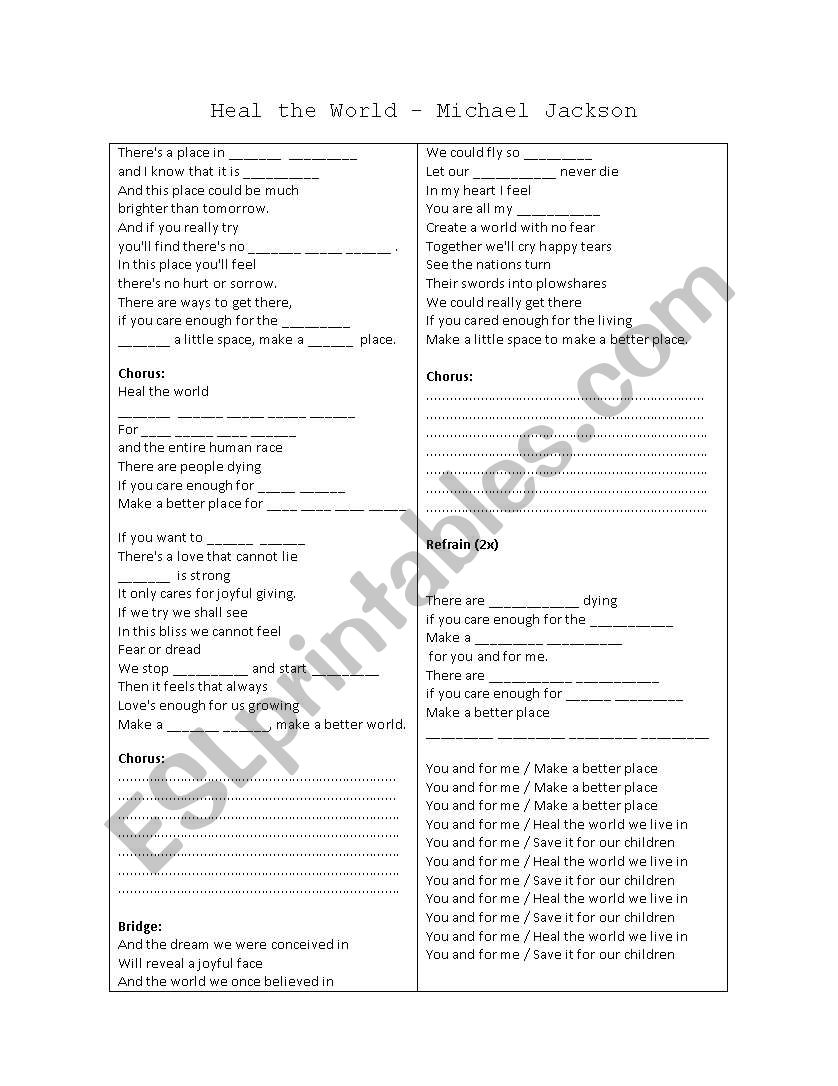 Heal the World worksheet