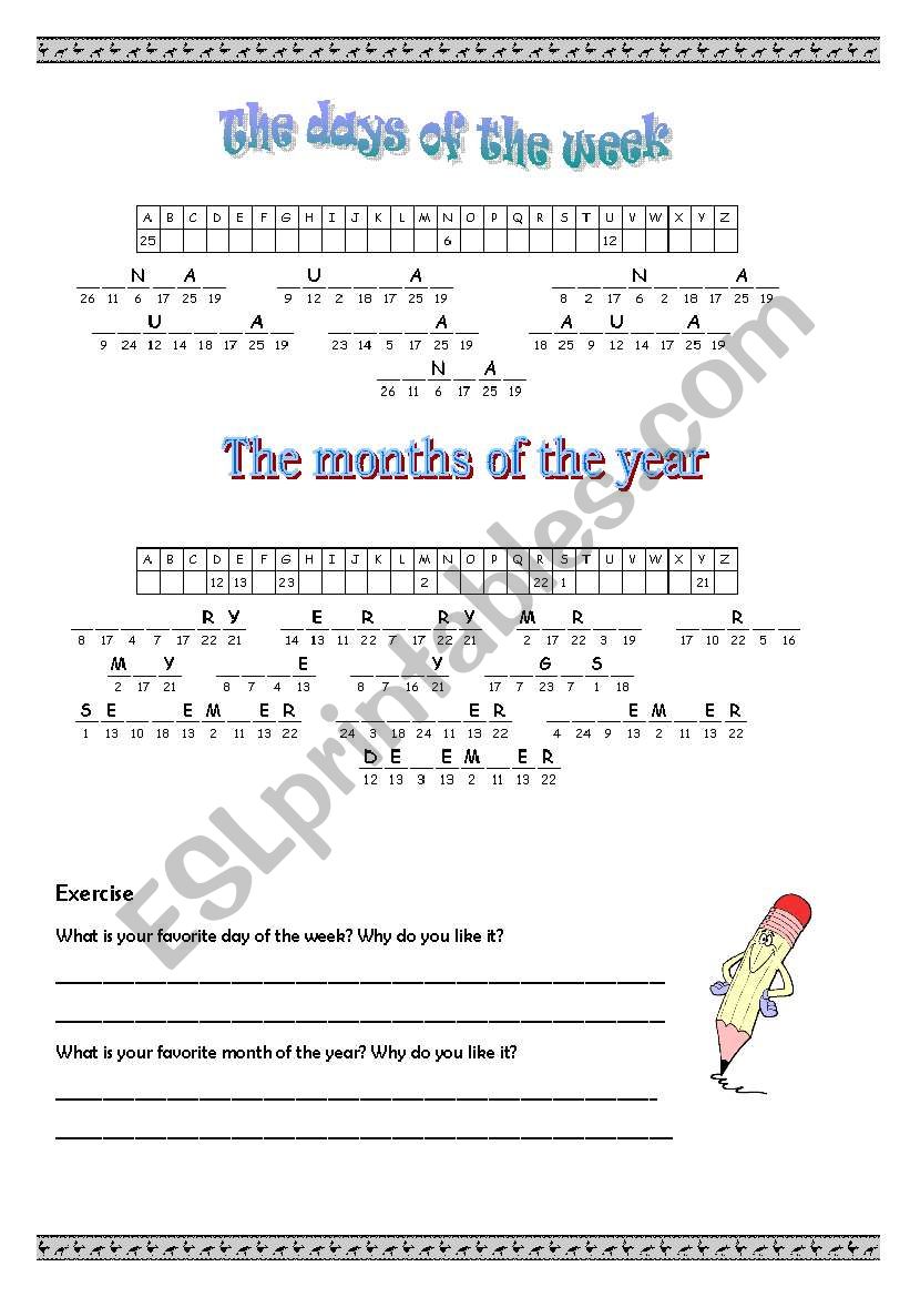 Months and days cryptomgram worksheet