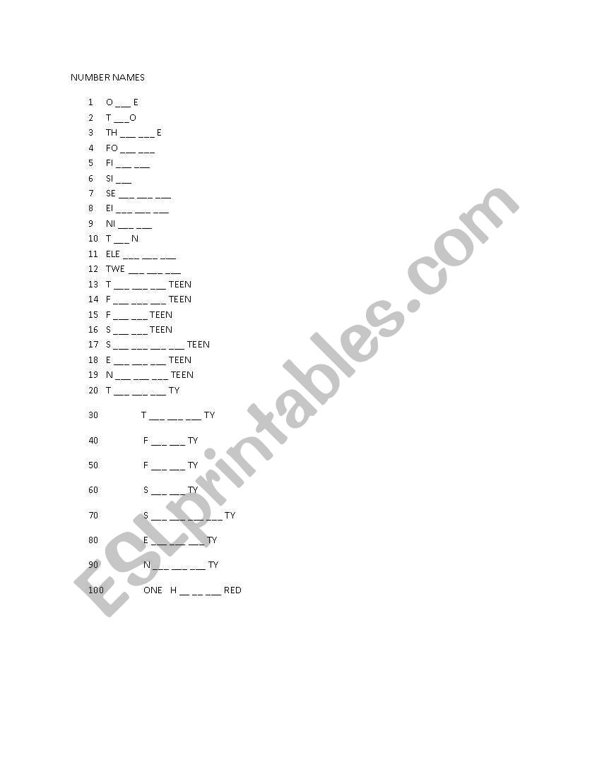 NUMBER NAME worksheet