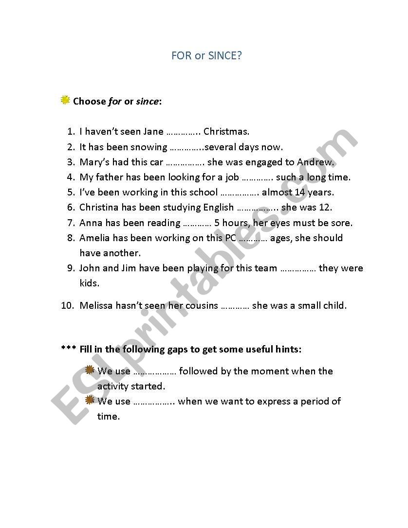 FOR or SINCE? worksheet