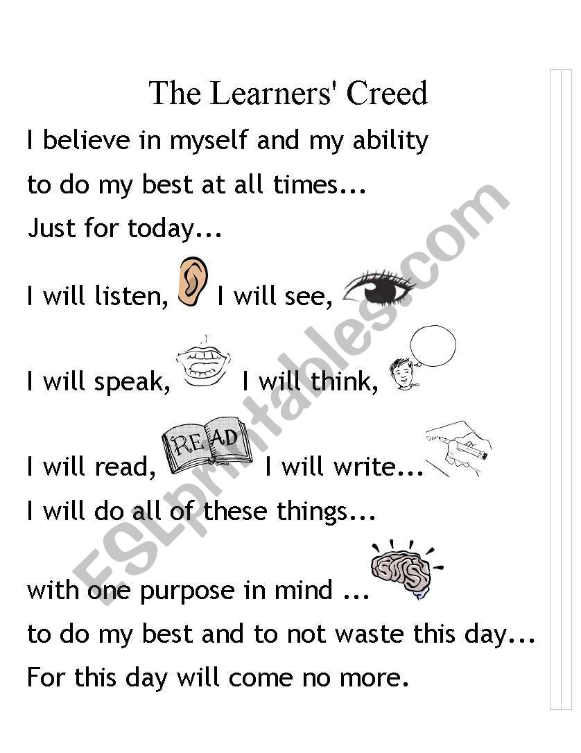 The Learners Creed worksheet
