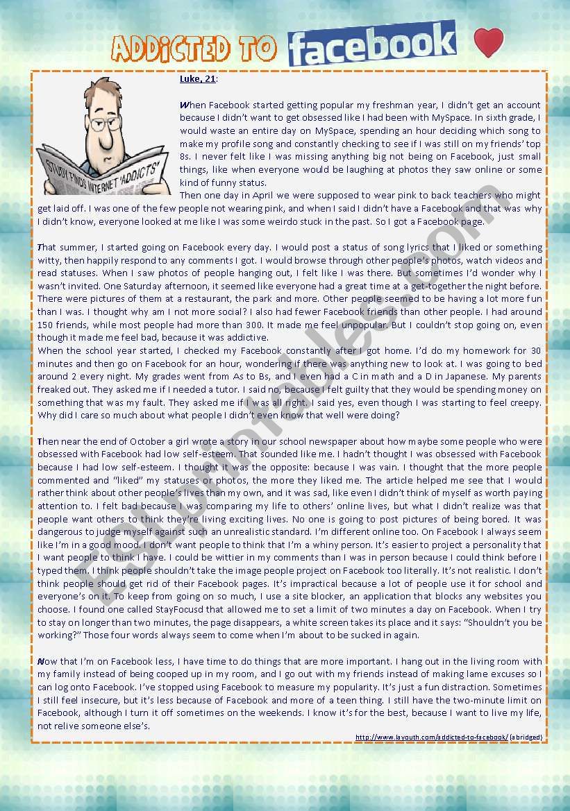 Text  about Â´INTERNET ADDICTIONÂ´+ Comprehension + Grammar + Essay