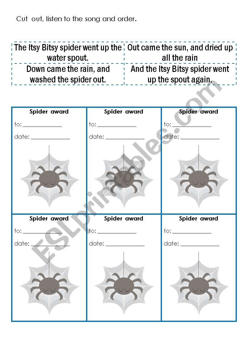 Song: Itsy Bitsy spider part three- activity cards, award cards