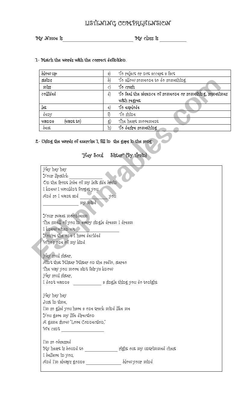 Song: Soul Sister worksheet