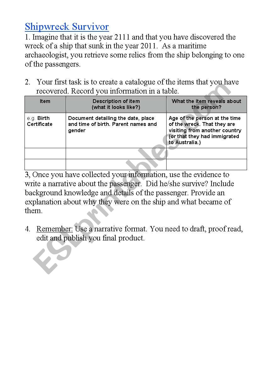 Narrative writing - shipwreck worksheet