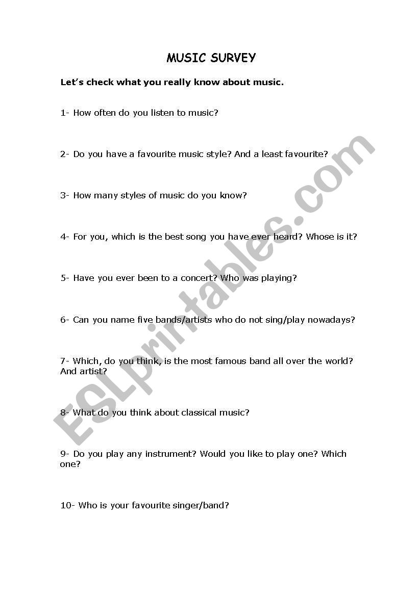 Music survey and debate worksheet