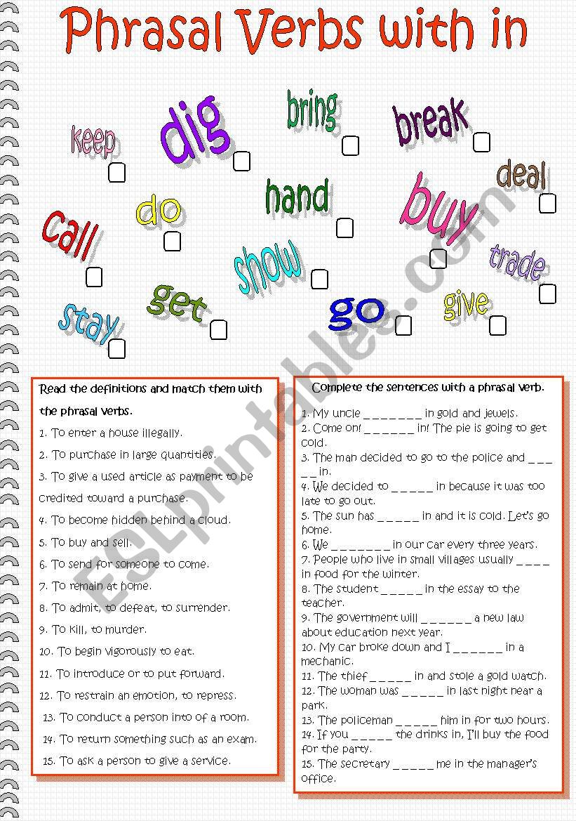 Phrasal Verbs with in worksheet