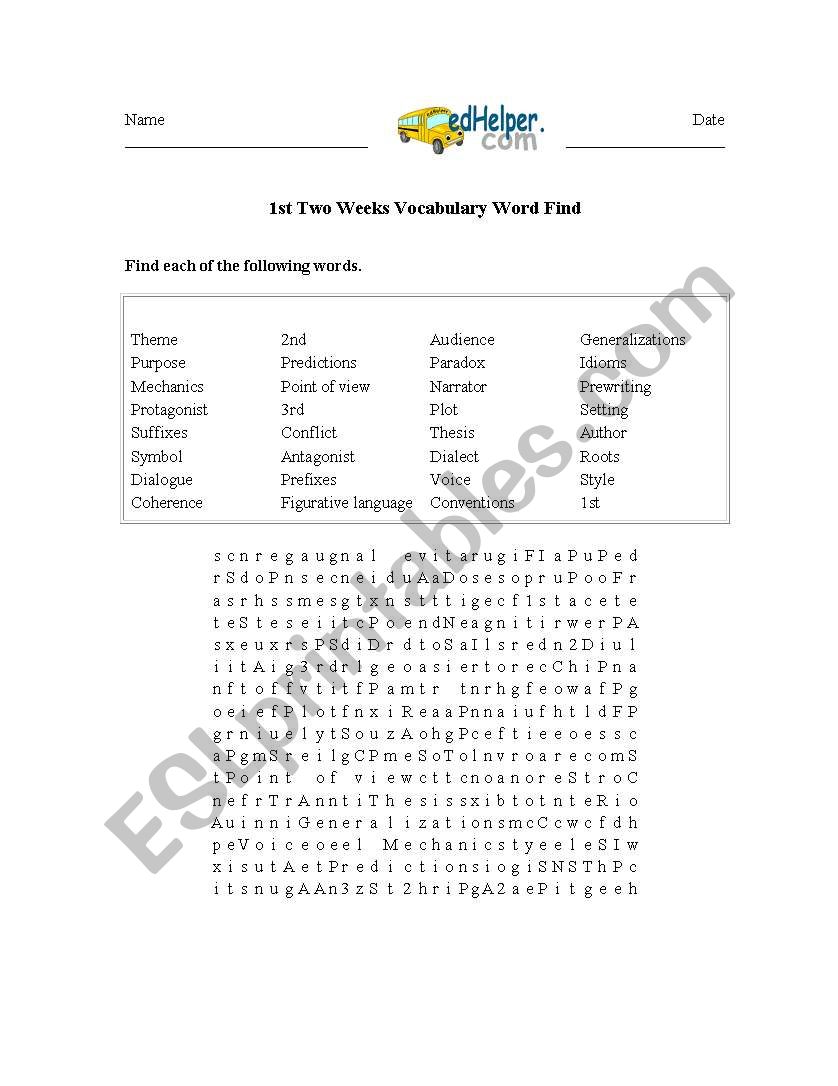 1st Two Weeks Vocabulary Word Find