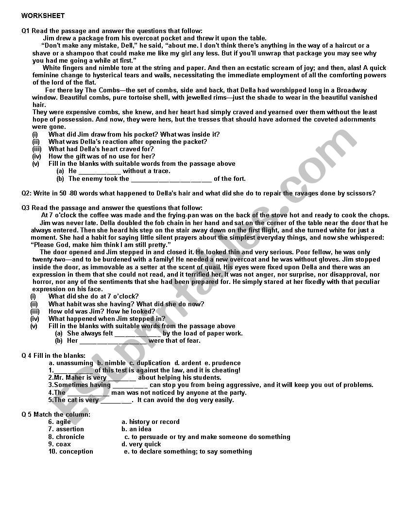worksheet on The Gift Of the Magi by OHenry