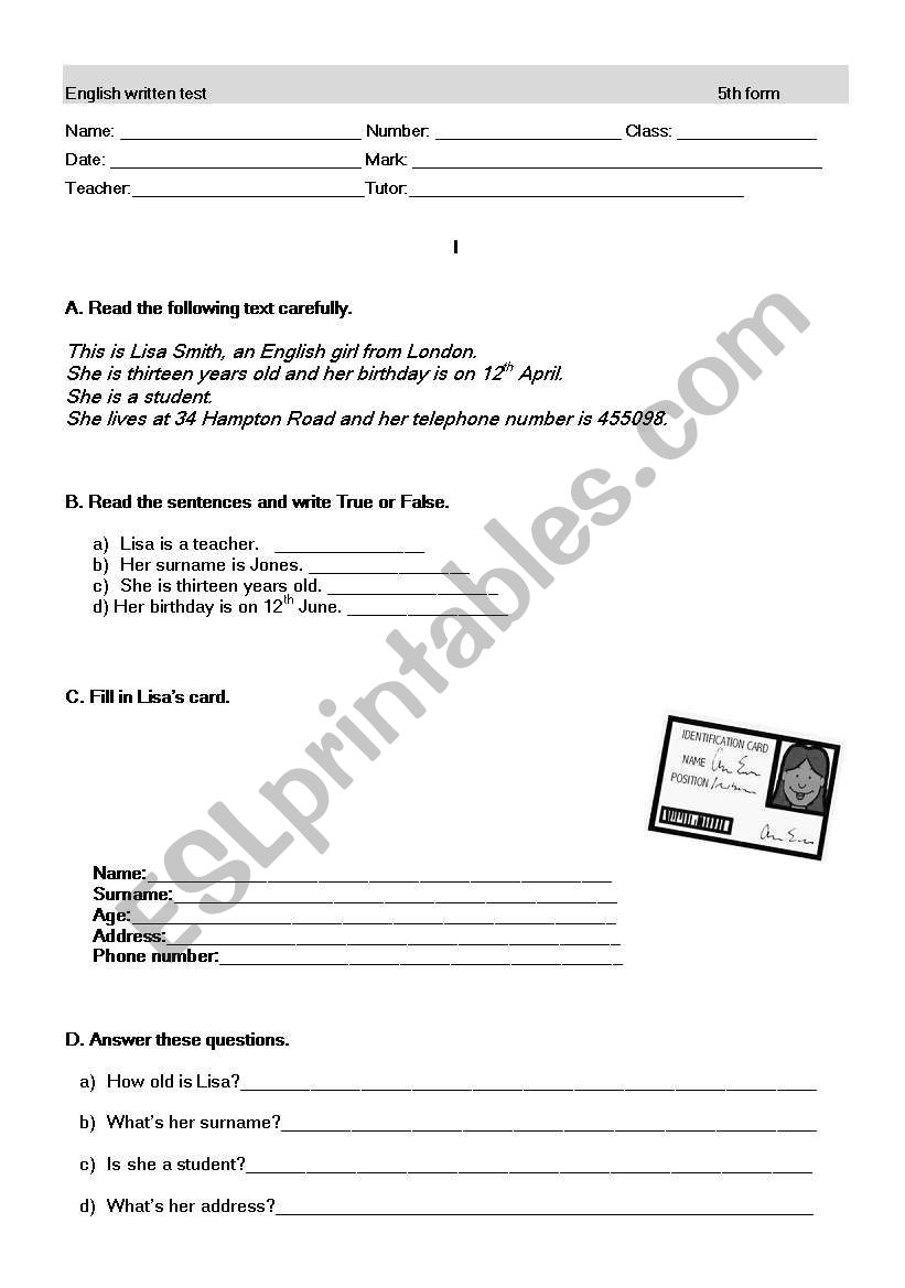 Written Test worksheet