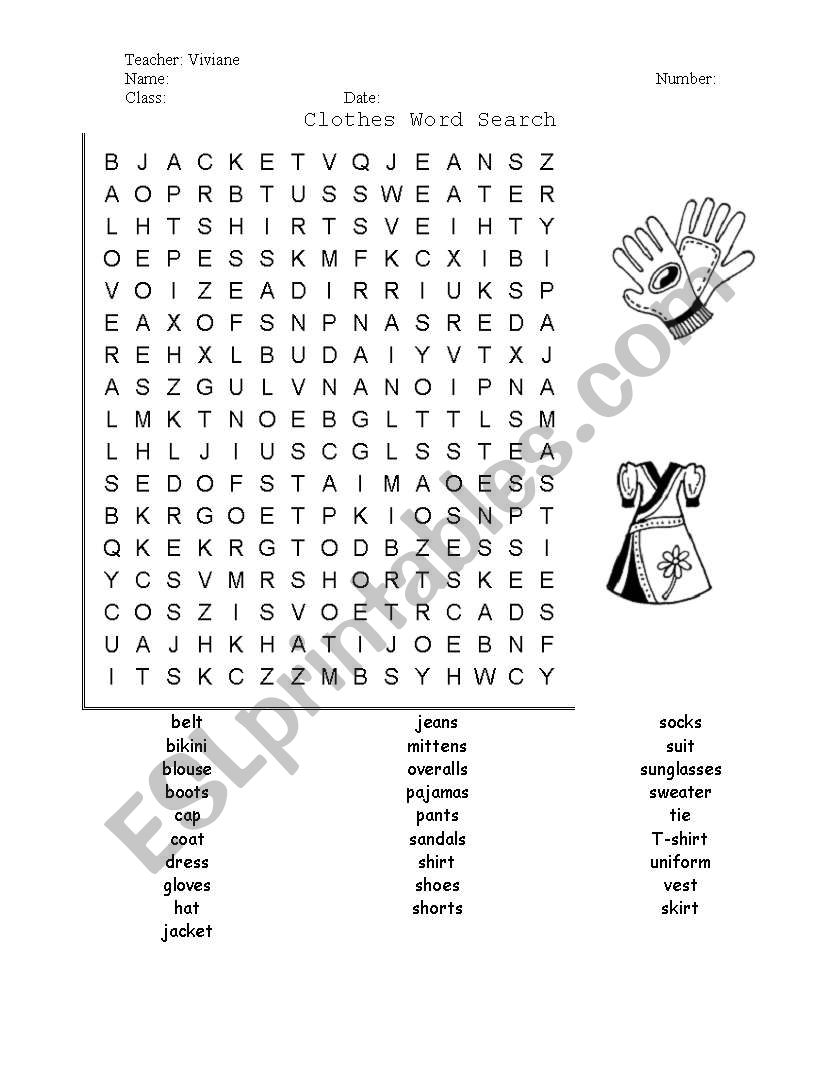 Clothes; Word search:  worksheet