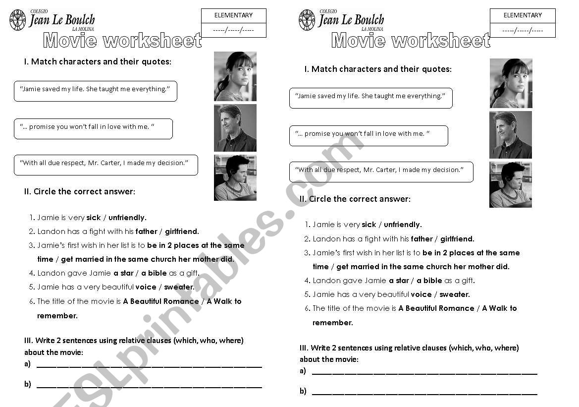 A walk to remember movie worksheet