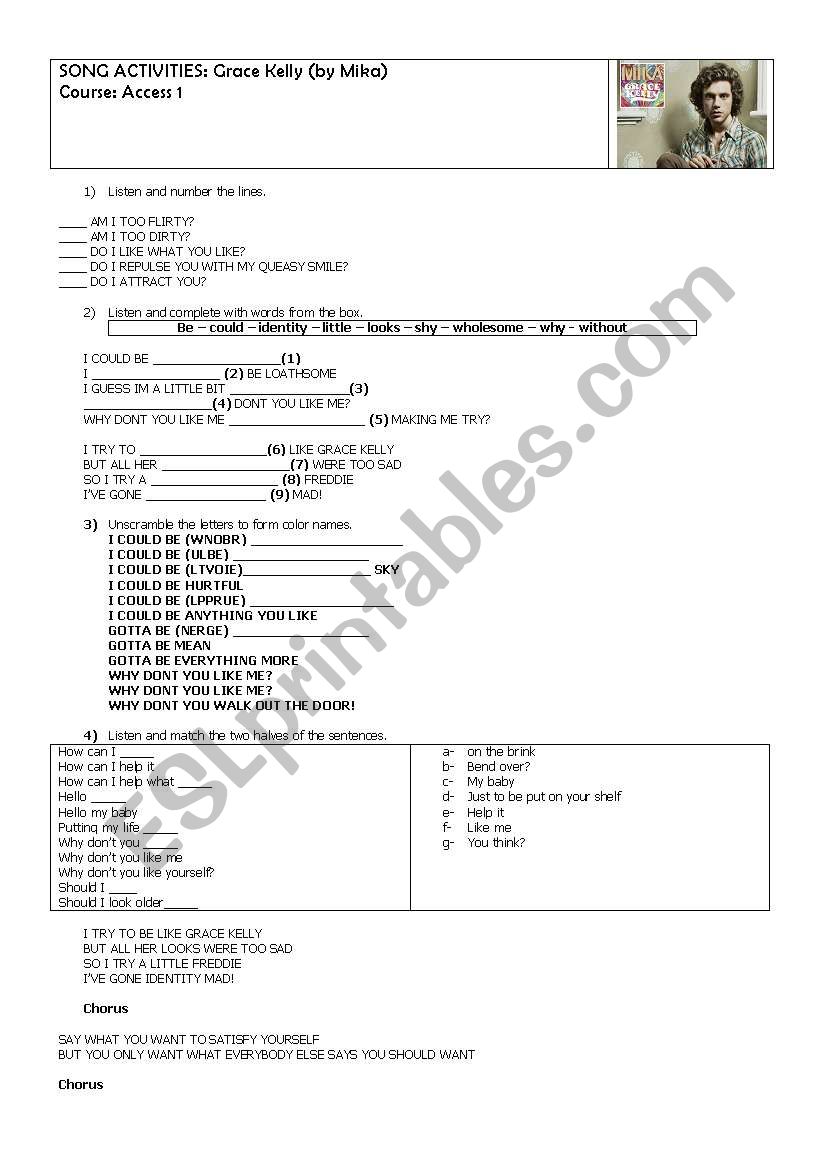 grace kelly (mika) worksheet