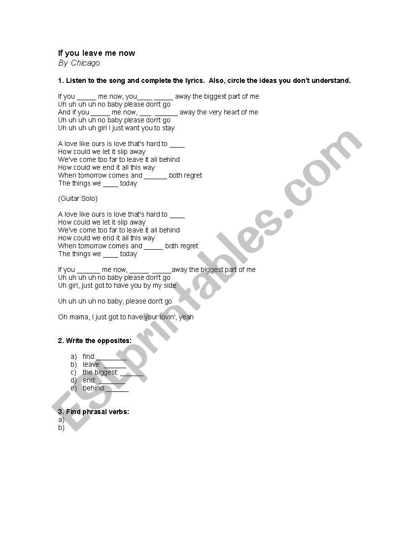 English worksheets listening activity song if you leave me now