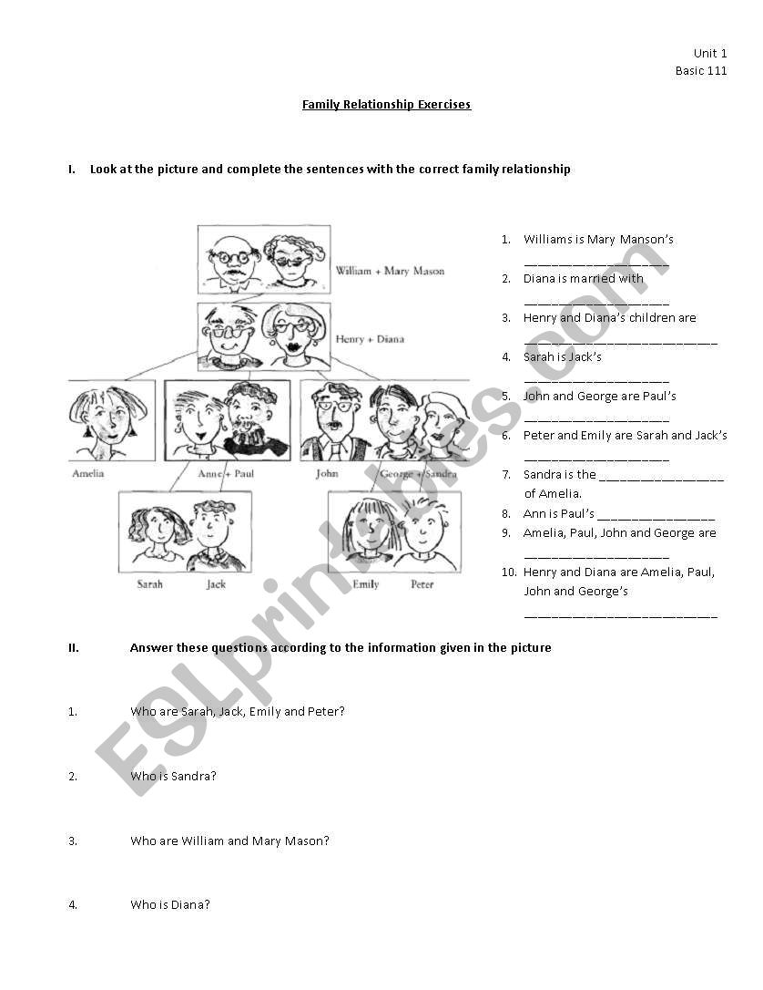 Family Relationships worksheet