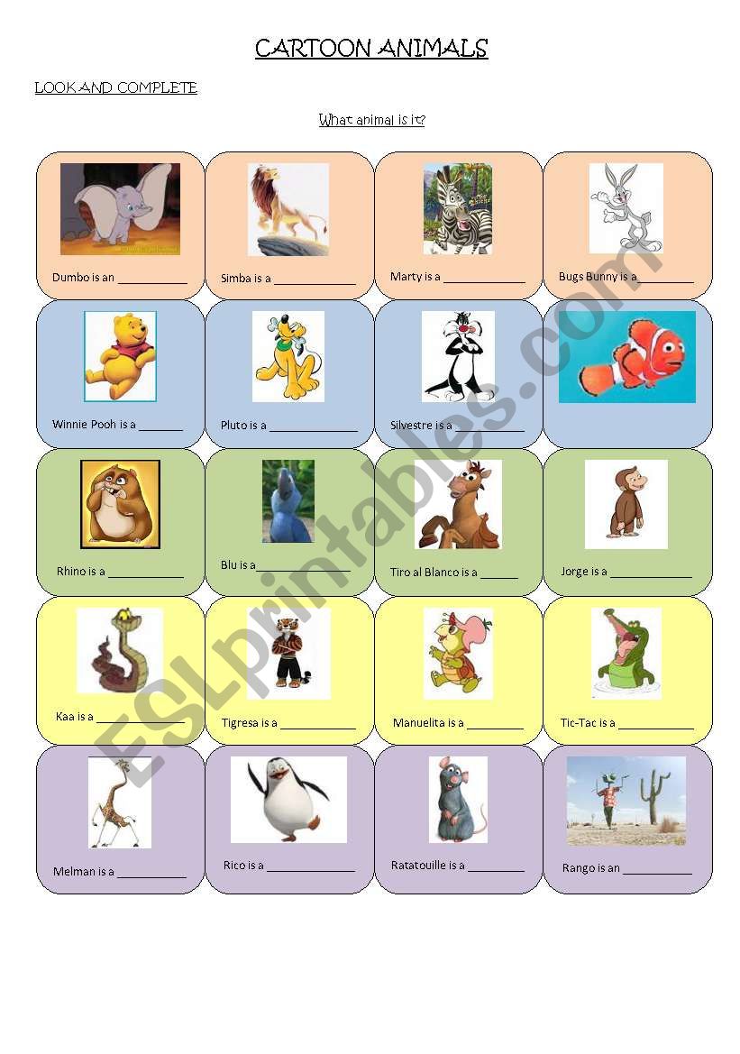 Cartoon animals worksheet
