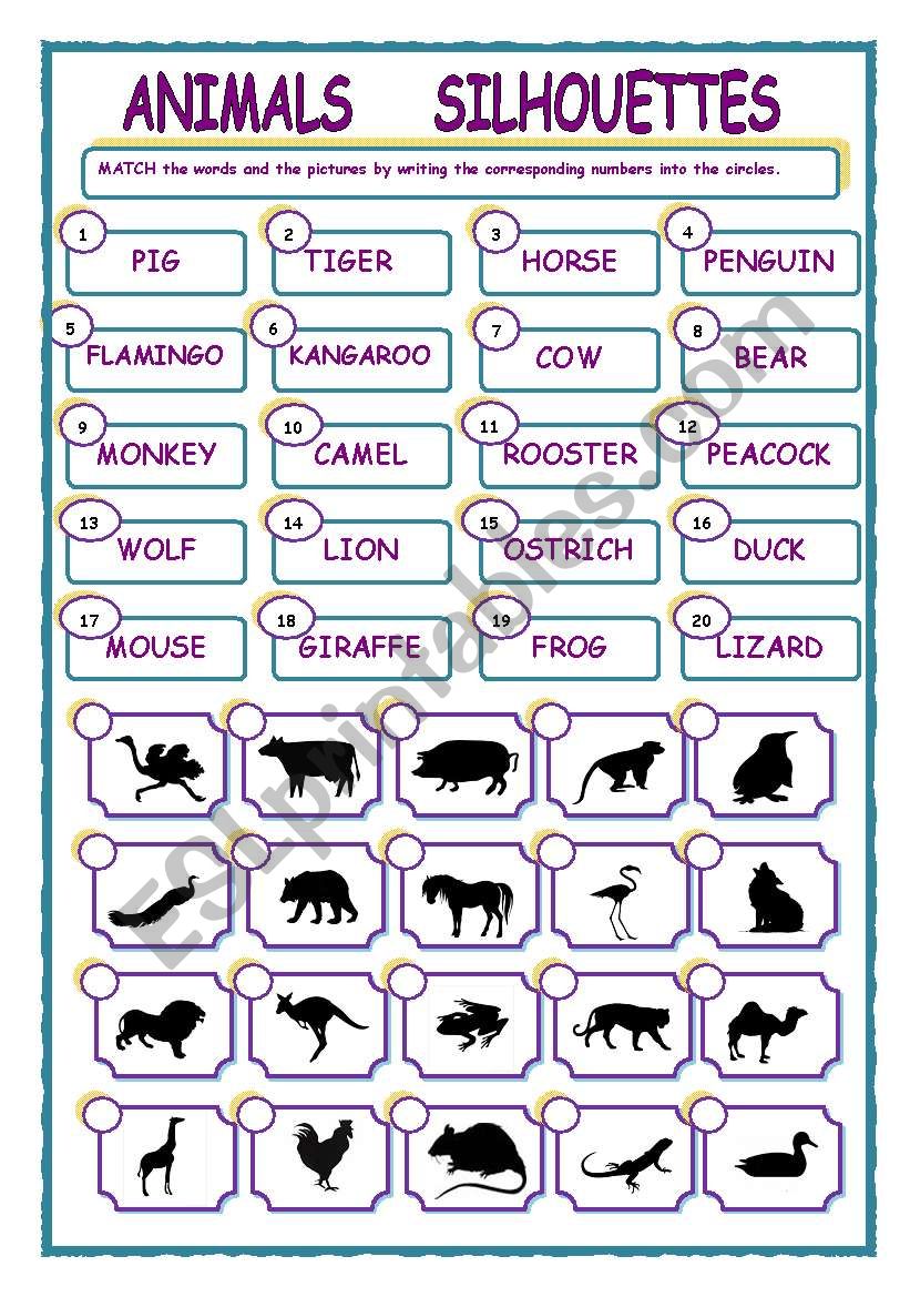 MATCHING  EXERCISE - ANIMALS SILHOUETTES
