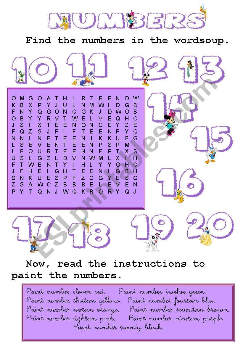 Numbers 11 to 20 and colours worksheet