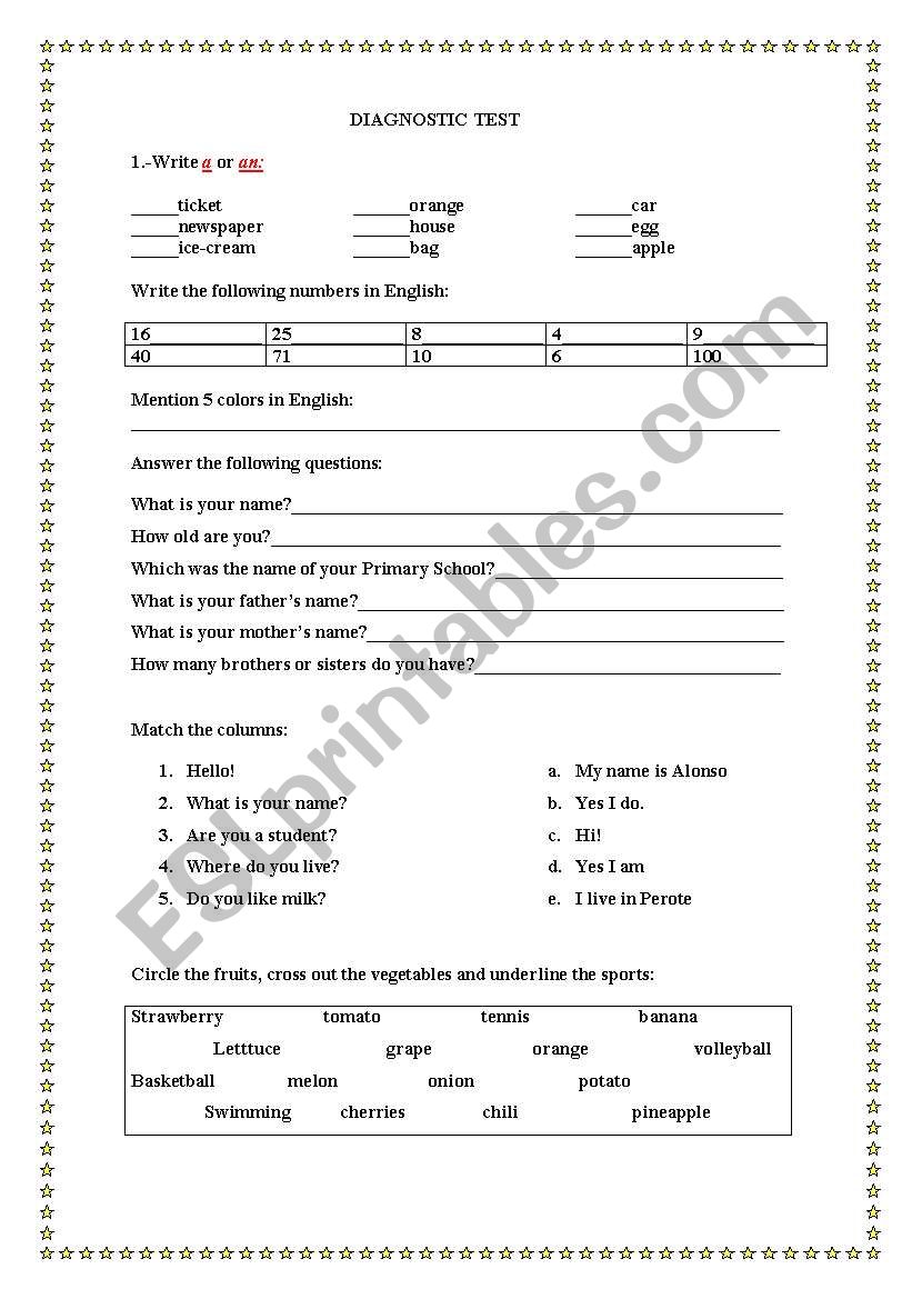 DIAGNOSTIC EVALUATION worksheet