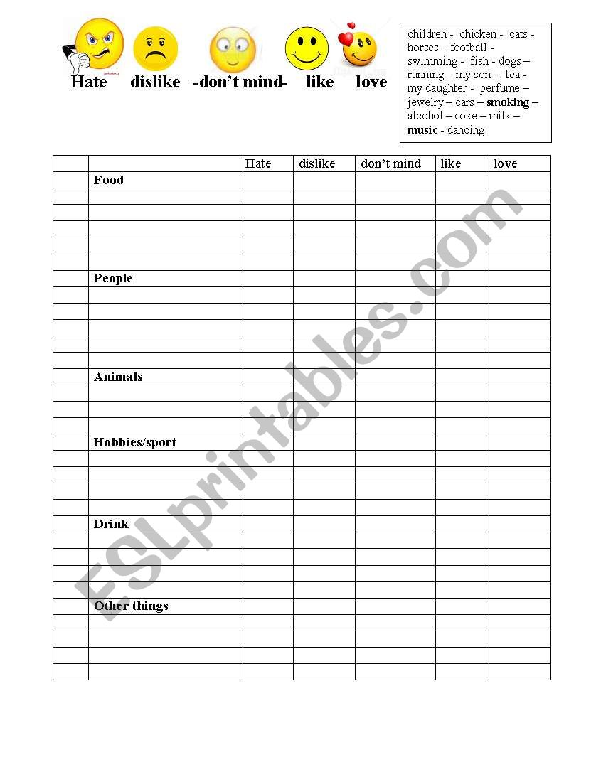 Like love dislike hate worksheet