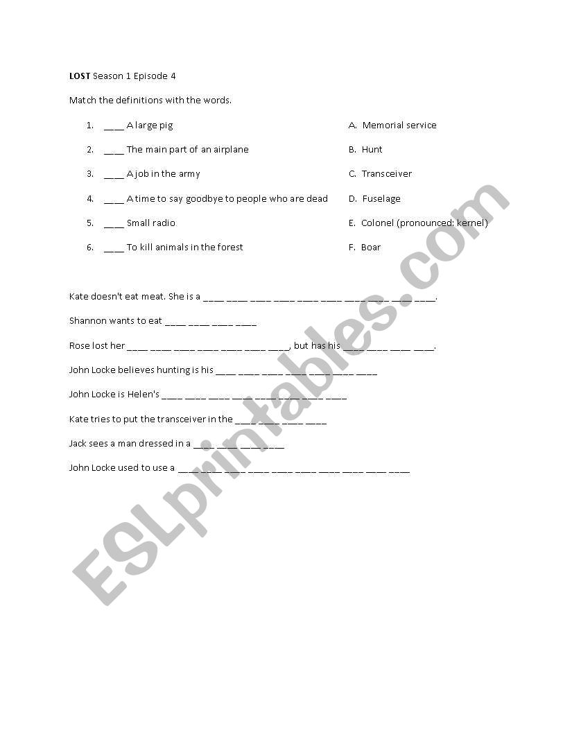 Lost Season 1 Episode 4 worksheet