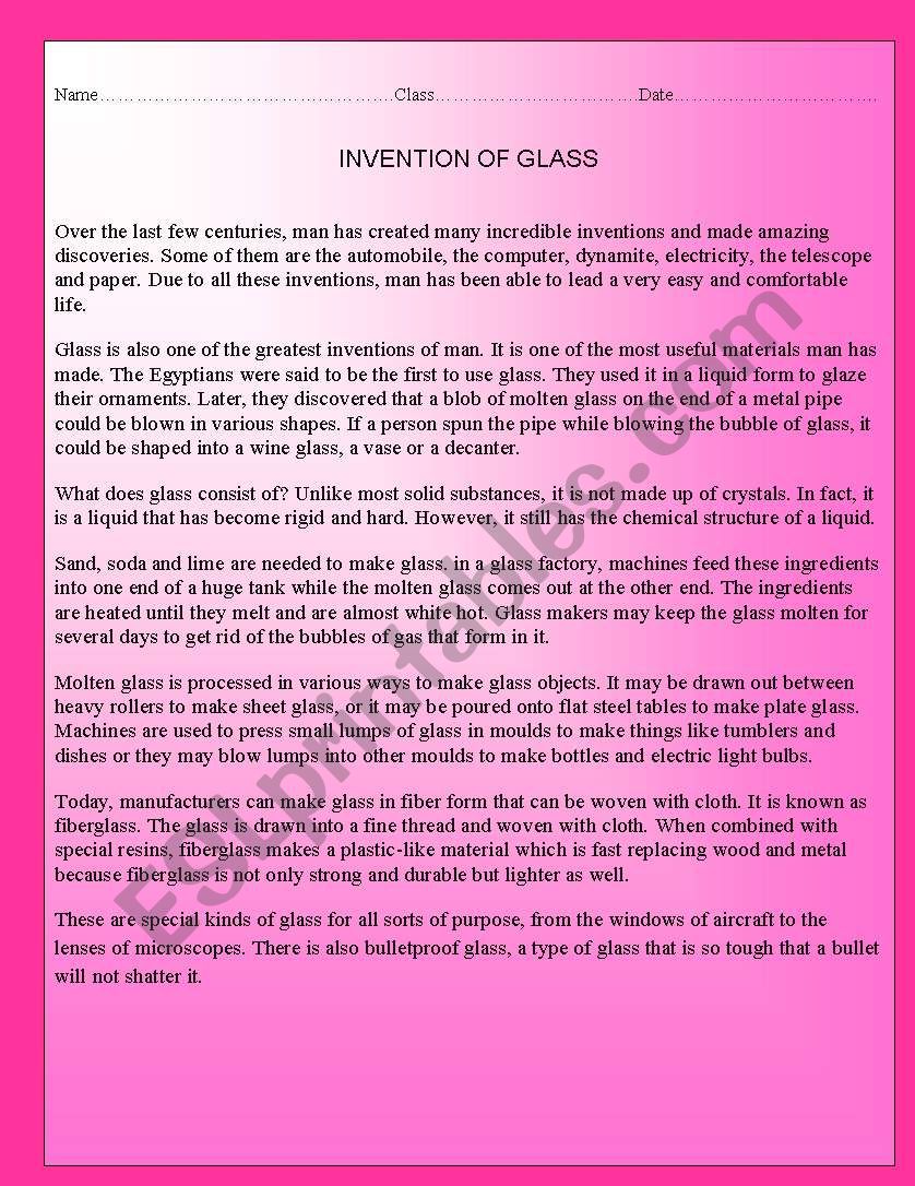 INVENTION OF GLASS worksheet