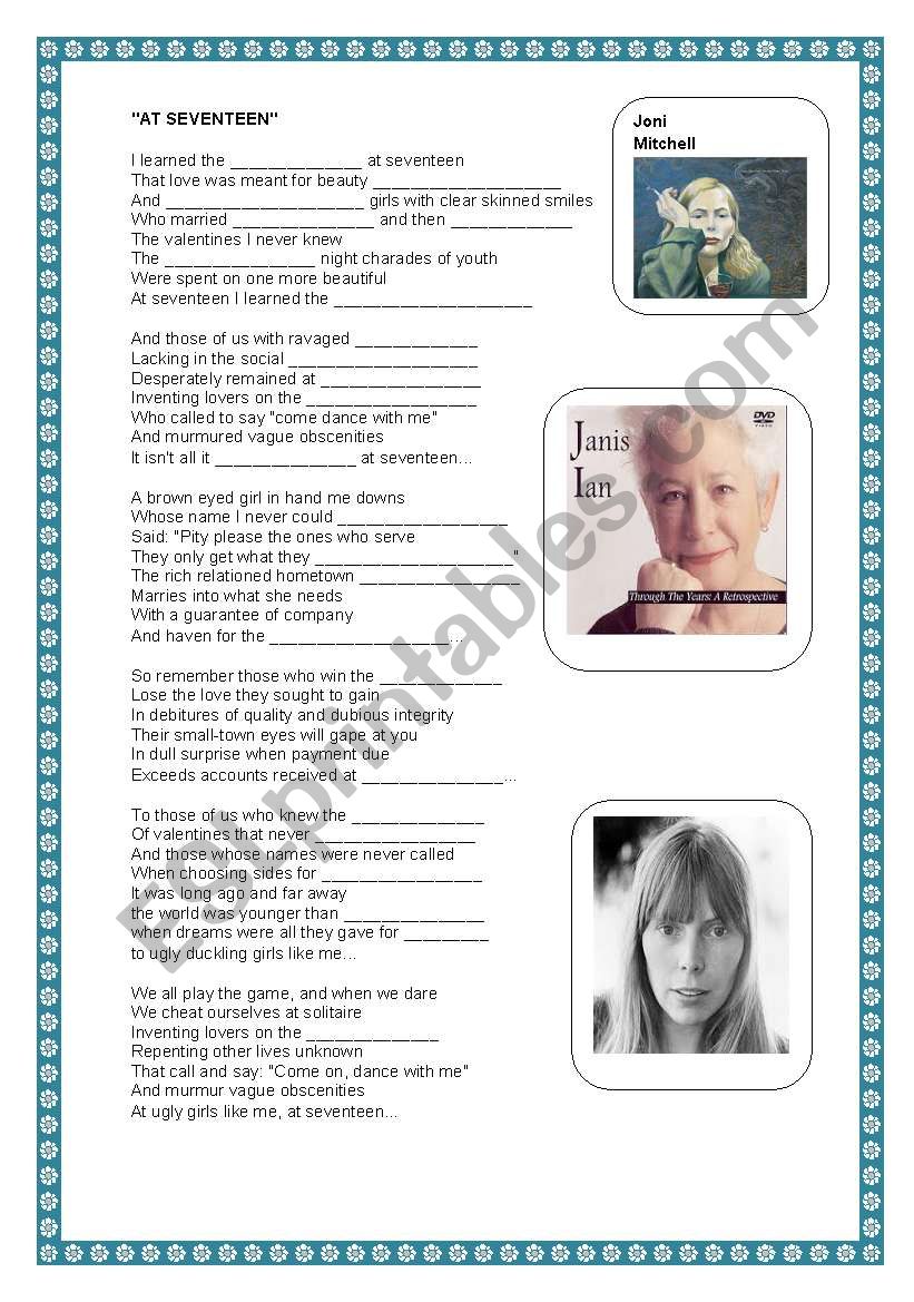 At seventeen, joni mitchell worksheet