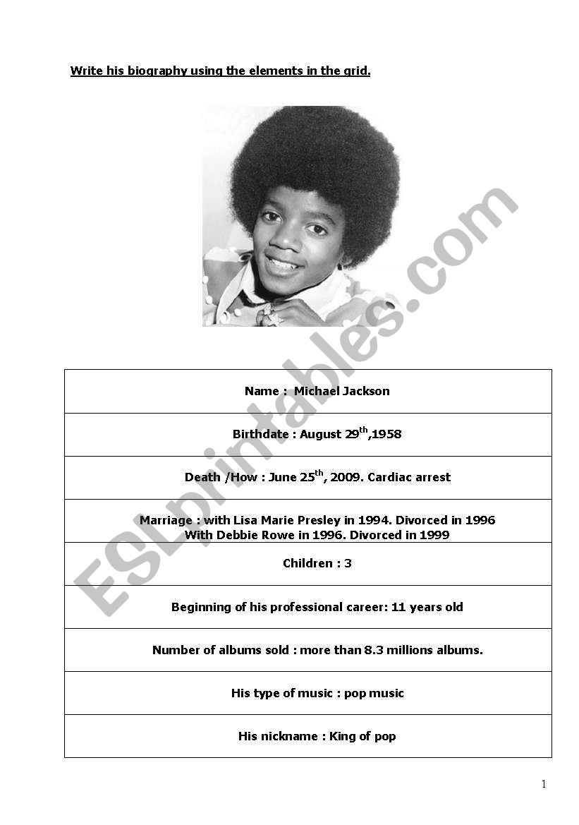 Michael Jacksons biography worksheet