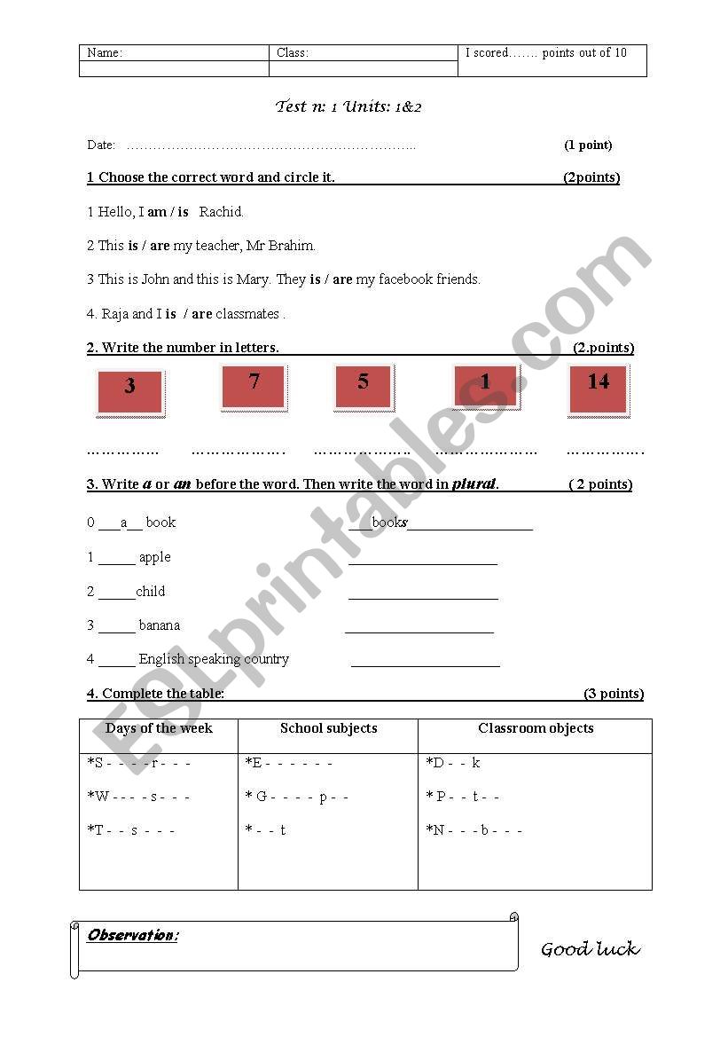 Test 1 worksheet