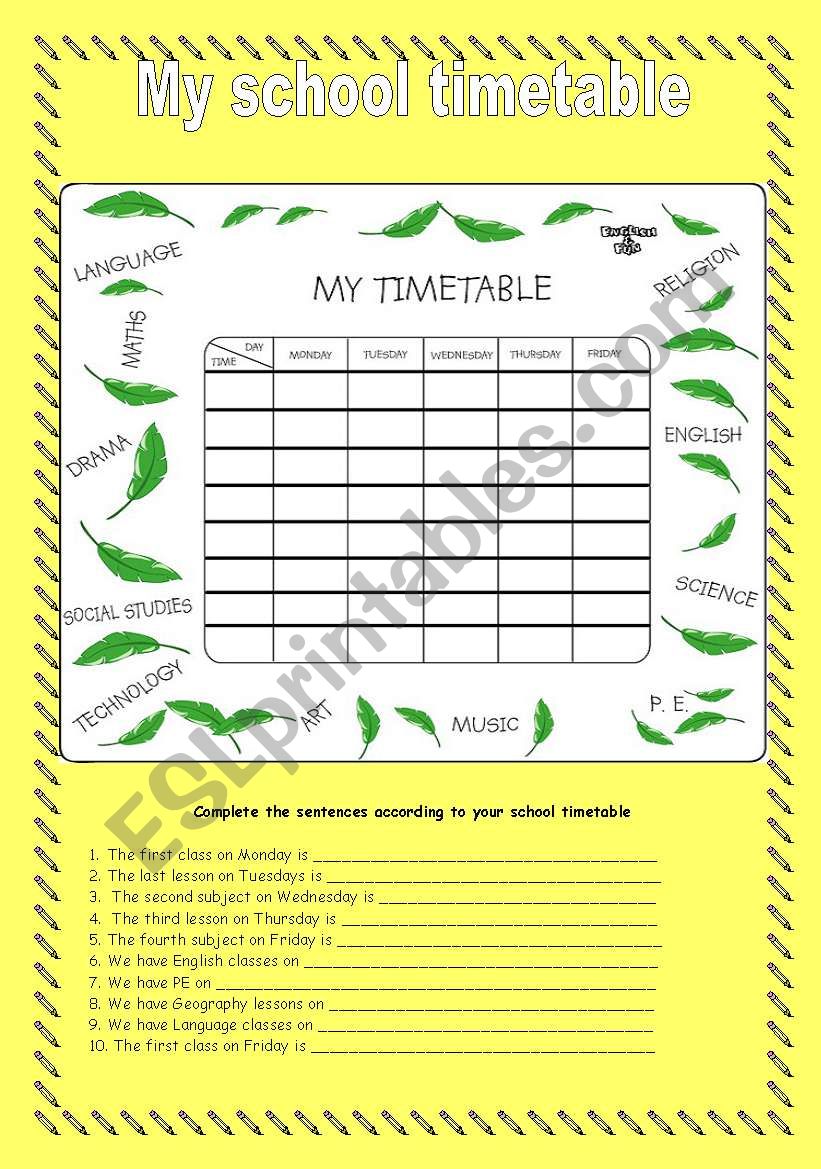 My School timetable worksheet