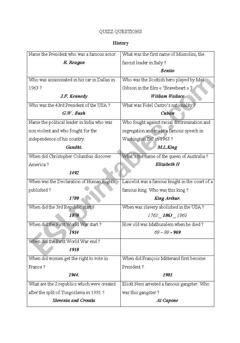 BIG QUIZZ : ORAL ACTIVITY  to test your students culture