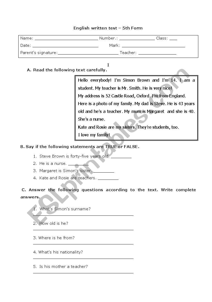 Written Test worksheet