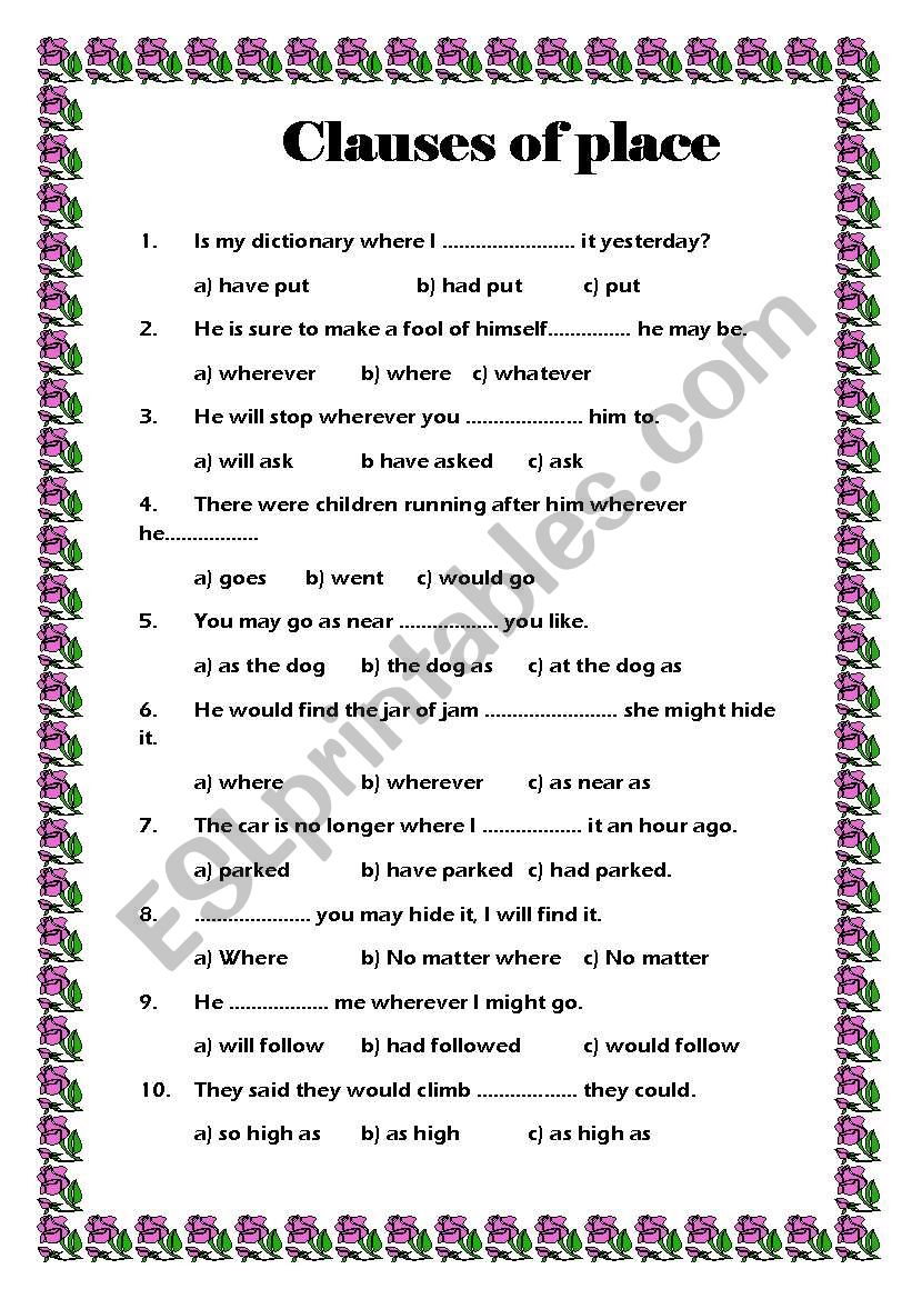 clauses of place worksheet