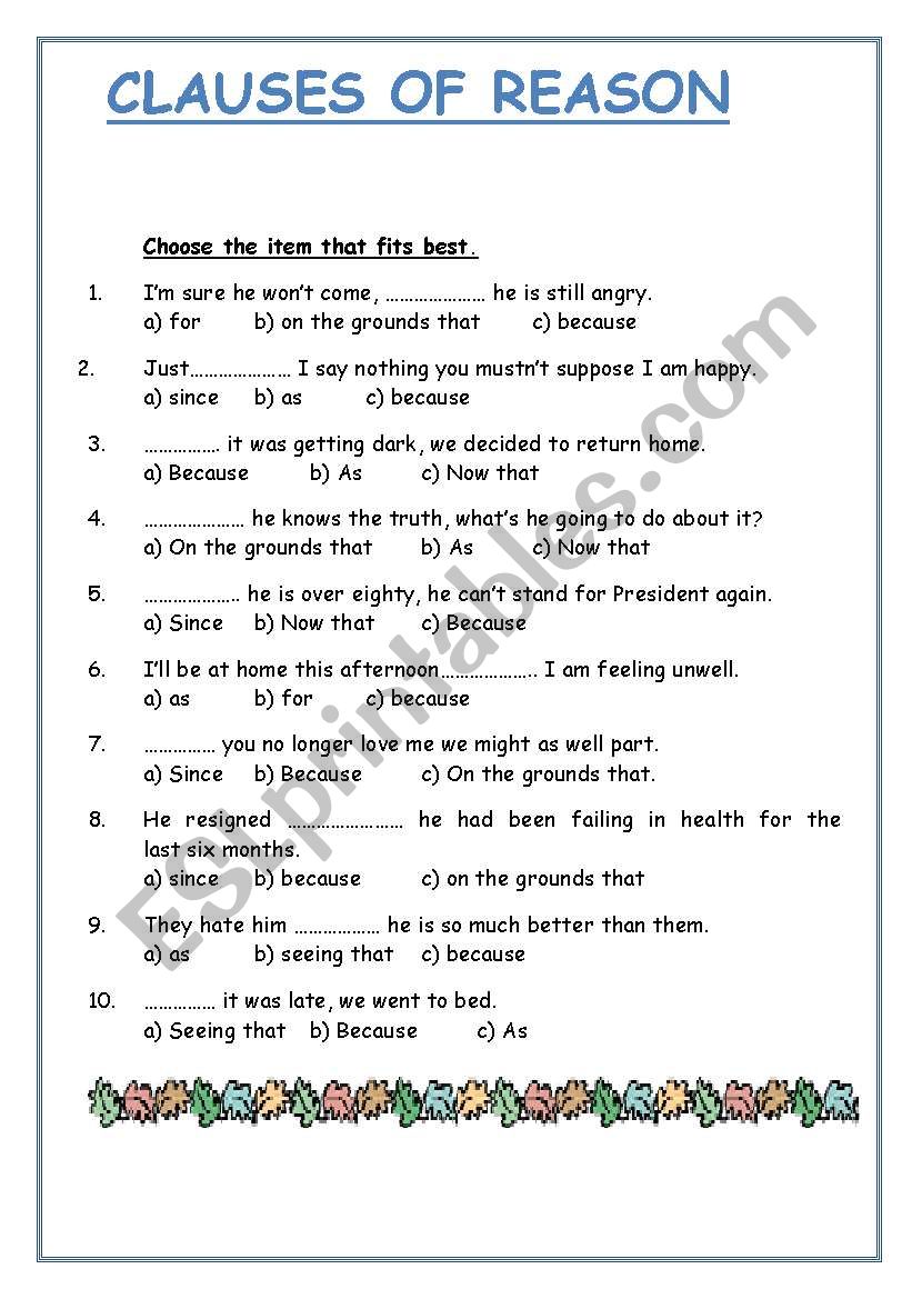 clauses of reason worksheet