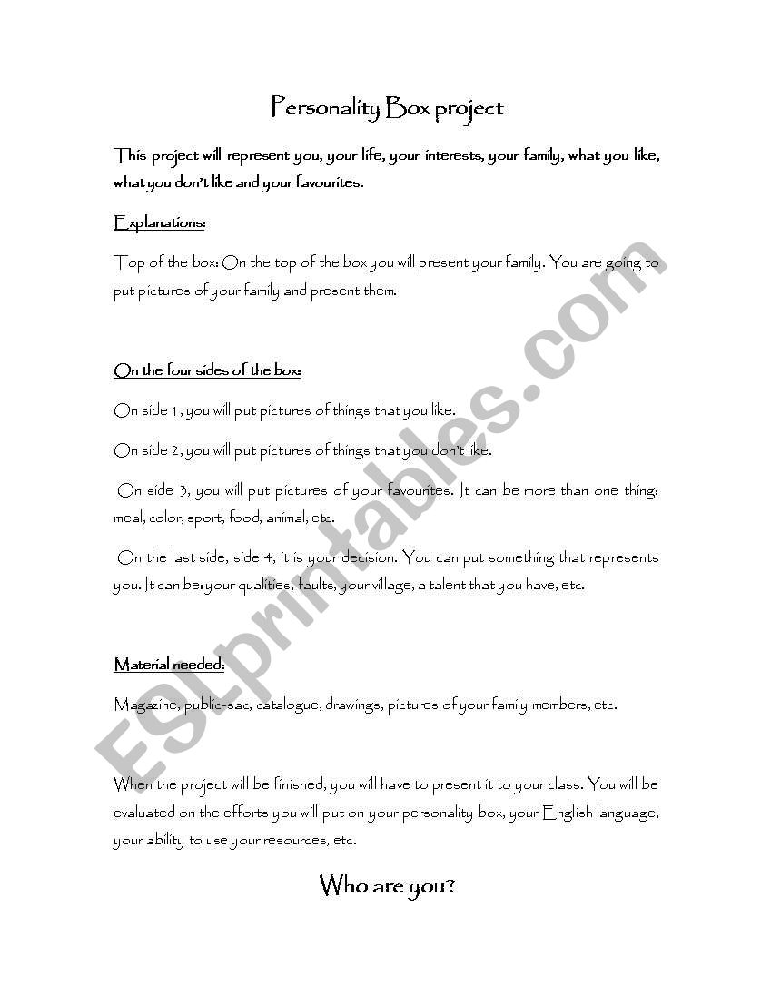 Personality box project worksheet