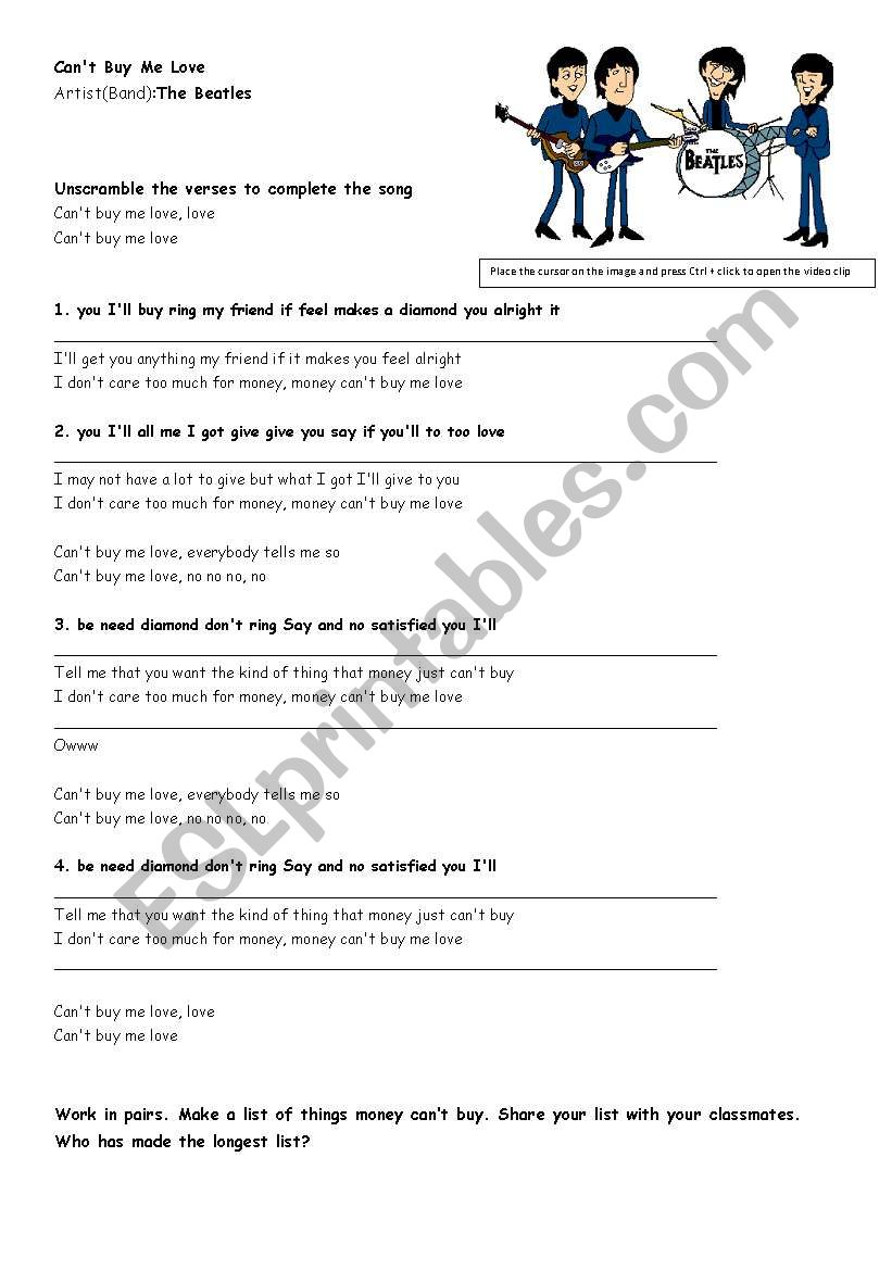 Song - Cant Buy Me Love worksheet