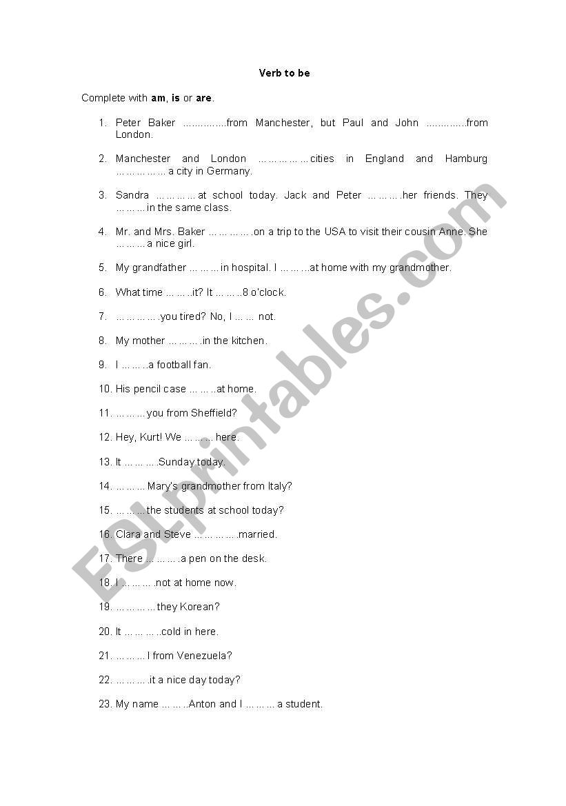 Exercise - verb be worksheet