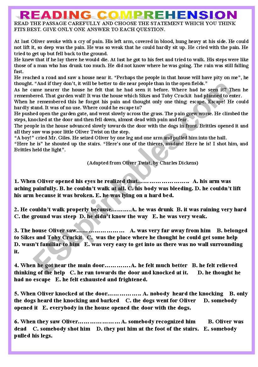 Reading comprehension - Oliver Twist - ESL worksheet by tagoreluz1