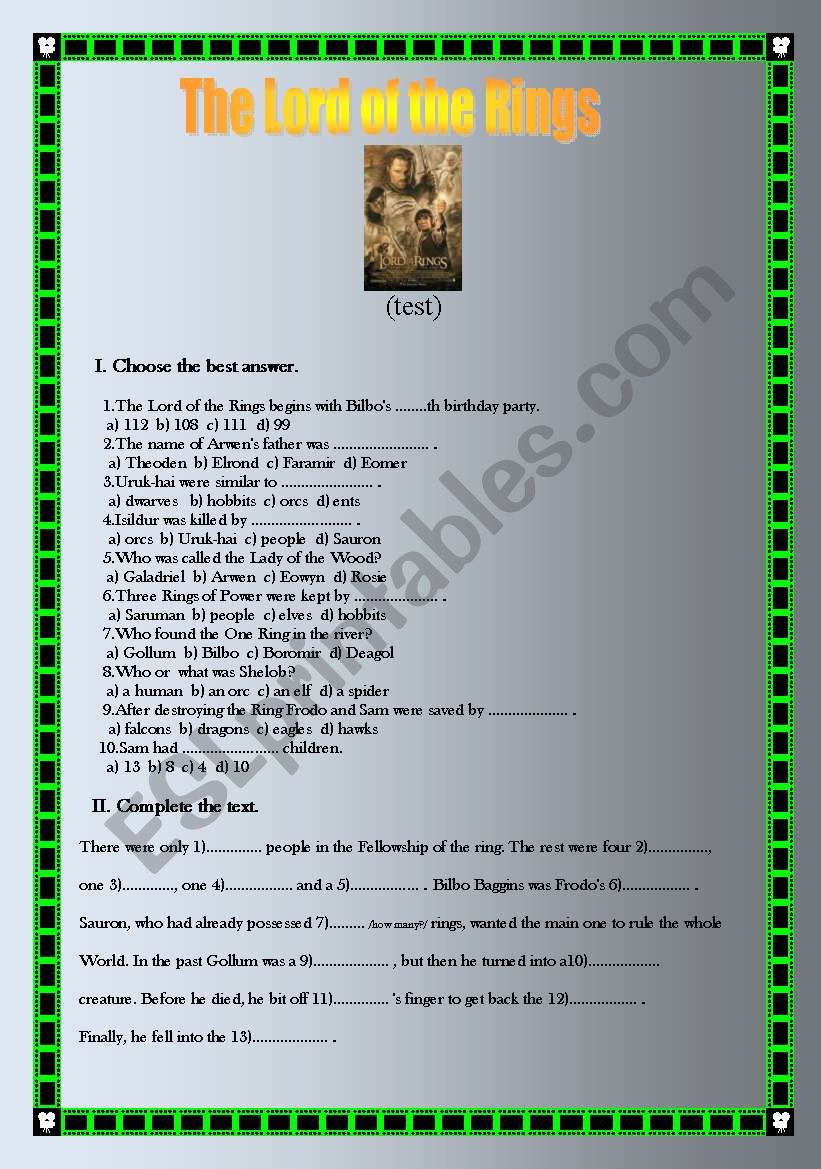 the Lord of the RingsII(test) worksheet