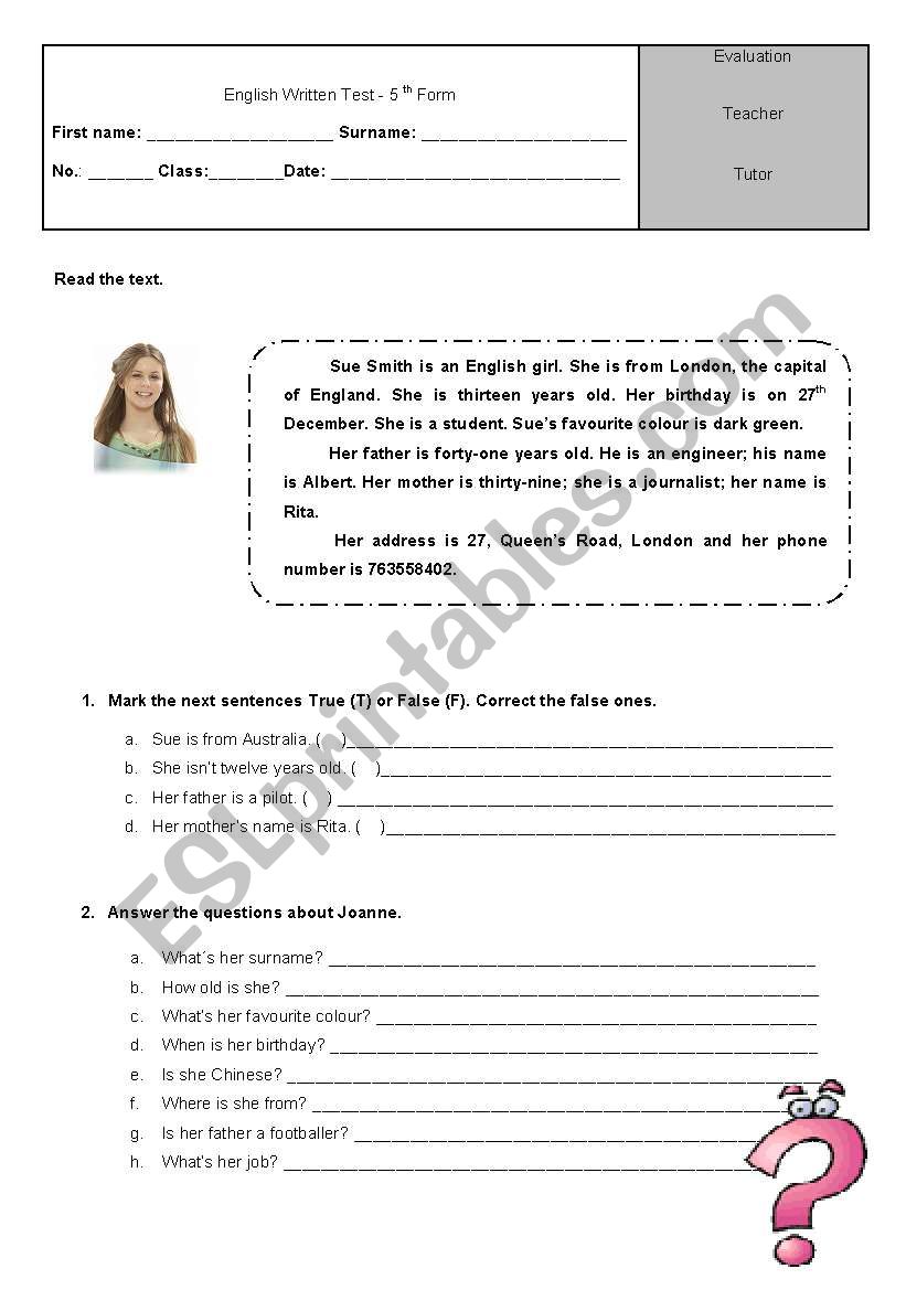 Written Test worksheet