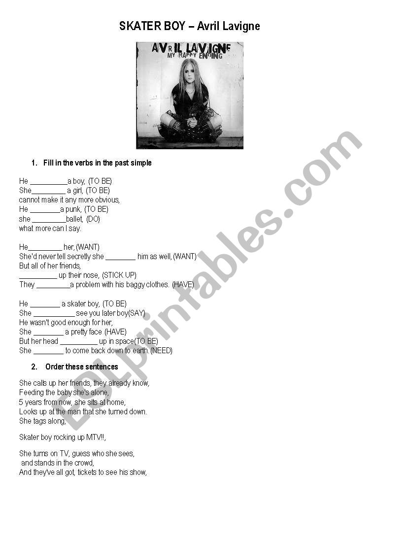 Song- Skater boy worksheet