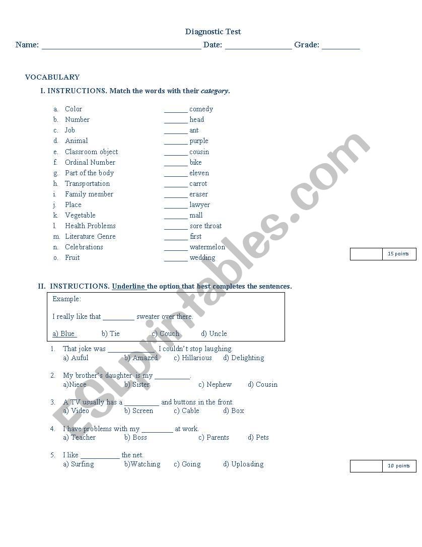 DIAGNOSTIC TEST worksheet
