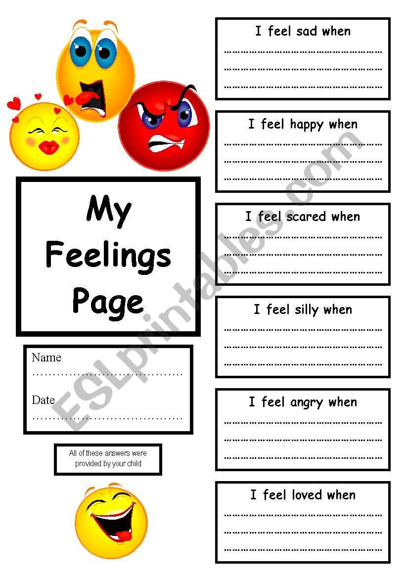 My feelings page worksheet
