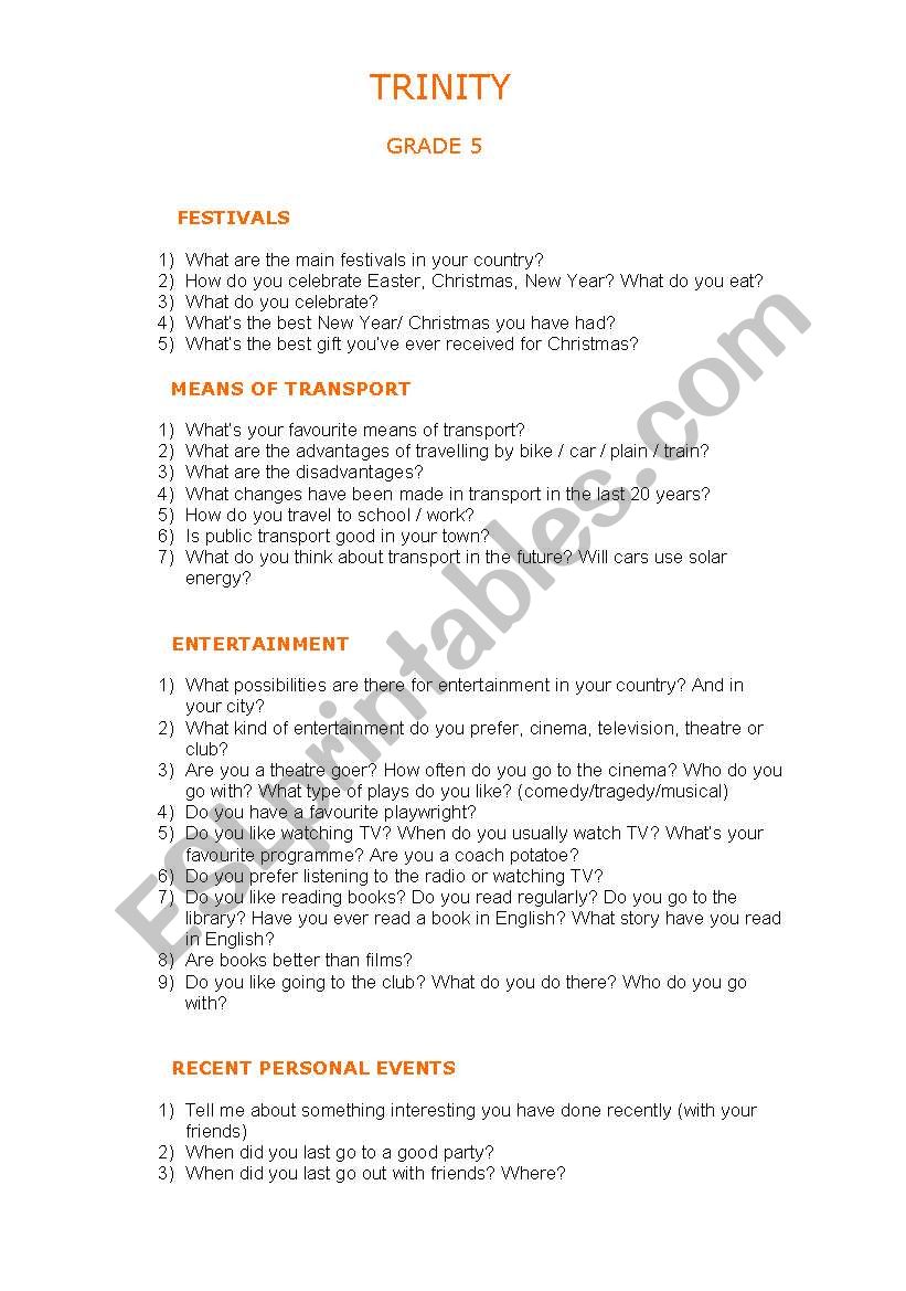 TRINITY- GRADE 5- QUESTIONS worksheet