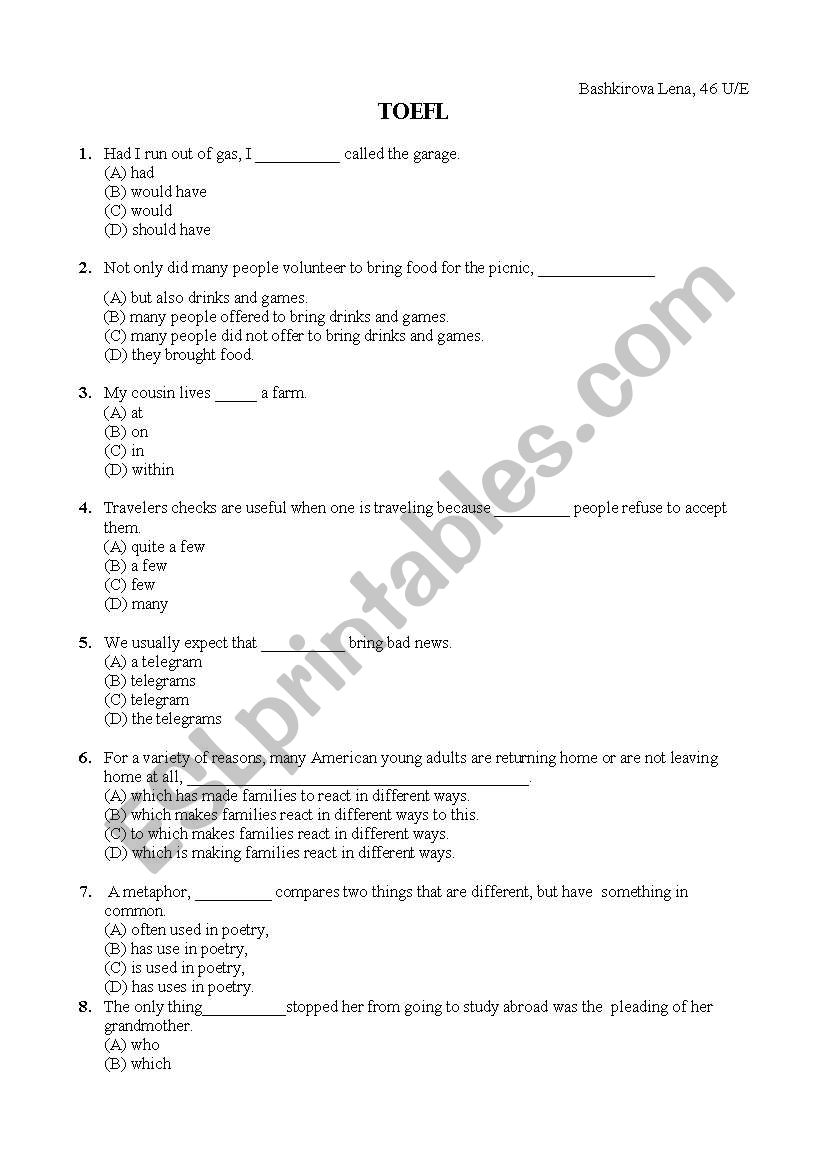 TOEFL exercises  worksheet