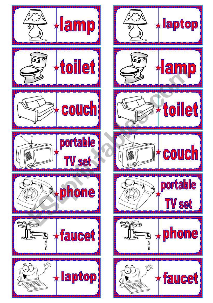 Household objects dominoes  7 words, 28 pieces  2 pages  editable