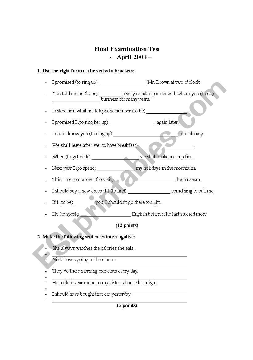 a thorough test worksheet