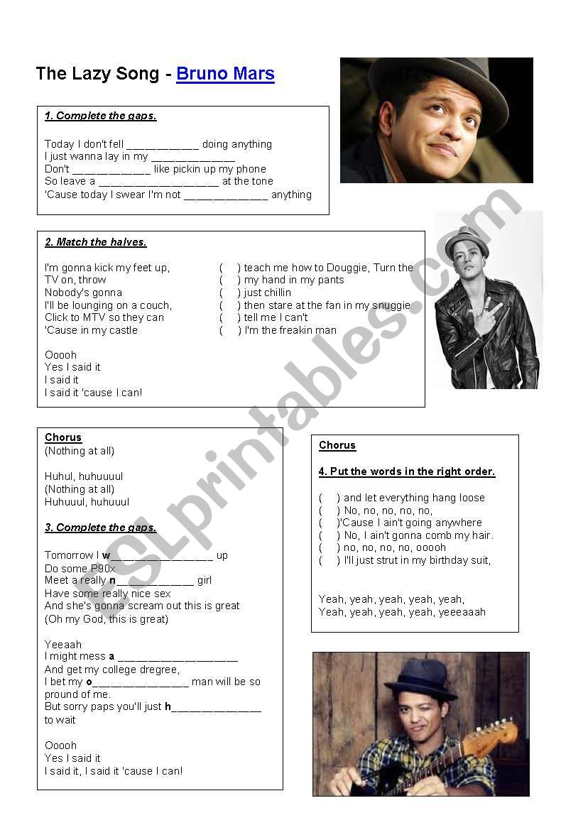Bruno Mars - The lazy song worksheet