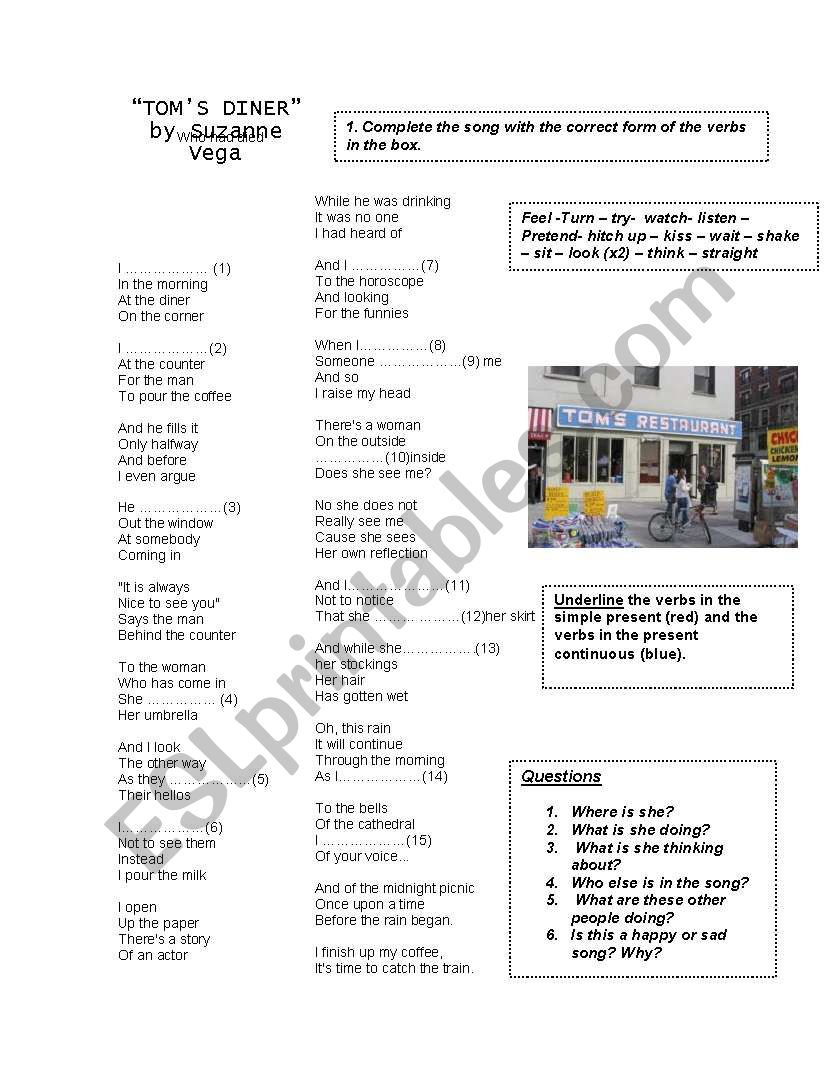 Tom´s Diner song for beginners ESL worksheet by natucita