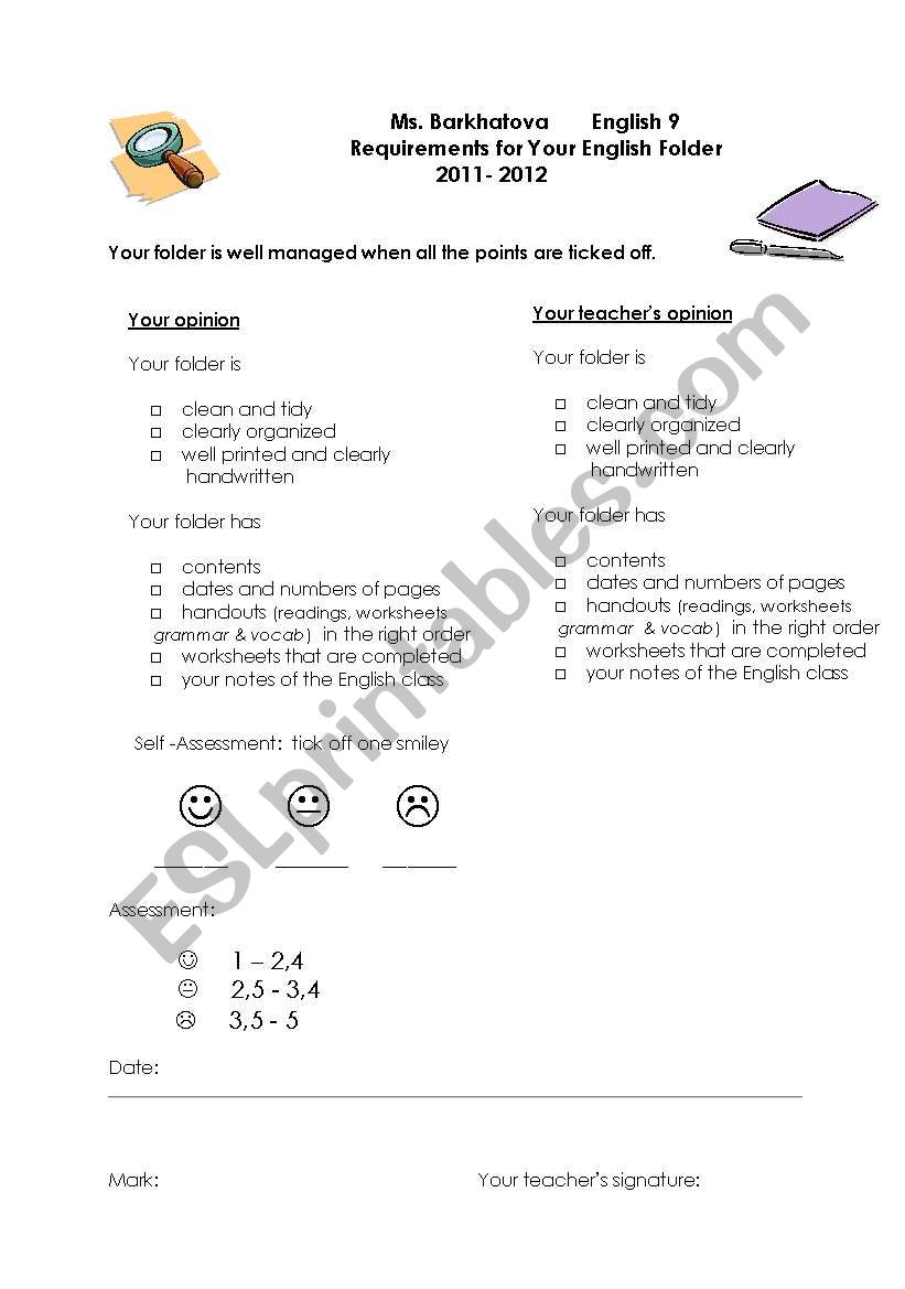 Requirements for Your Students Folder (with Self-Assessment and Your Evaluation))